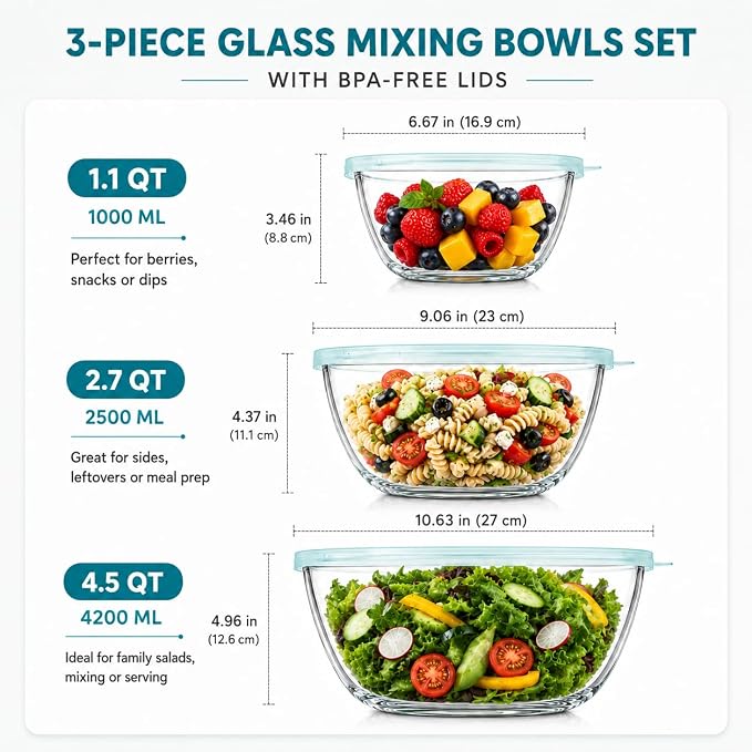 Luvan Glass Mixing Bowls with Lids Set(4.5QT, 2.7QT, 1.1QT)-Large Glass Mixing Bowls, Clear Salad Bowl for Baking, Cooking, Serving, Food Prep, 3PC Nesting Bowls for Kitchen Storage & Dishwasher Safe - Image 2