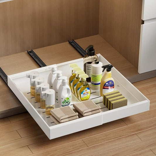 MUSTORN Expandable Pull Out Cabinet Organizer, 21"Deep Slide Out Drawer for Cabinets Adhesive Pull Out Drawers Heavy Duty Pull Out Shelves for Kitchen, Cupboard, Pantry, Bathroom(White,1-Pack) by MUSTORN