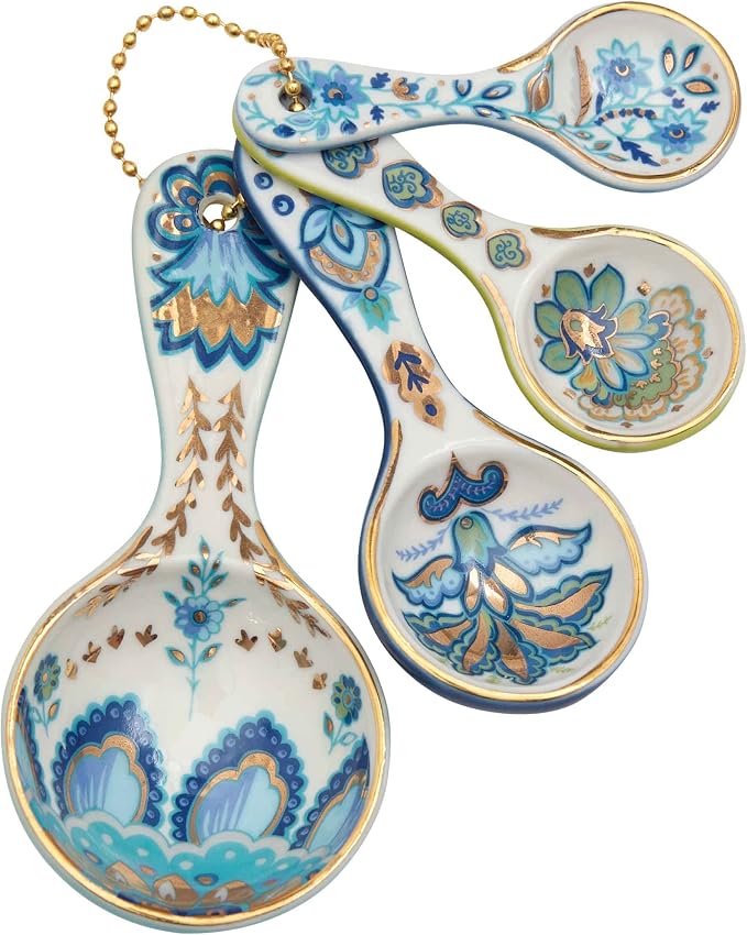 Mary DiSomma’s Ceramic Measuring Spoons (Set of 4) | Unique Signature Floral Print Design for each, Gold Overlay, Teal, Blue, Robin’s Egg Blue, Lime Green, Metallic Gold Chain, Boxed gift set by Unknown