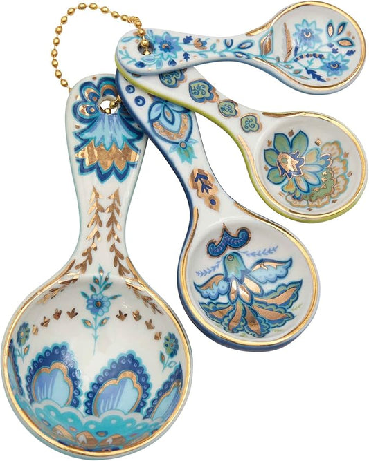 Mary DiSomma’s Ceramic Measuring Spoons (Set of 4) | Unique Signature Floral Print Design for each, Gold Overlay, Teal, Blue, Robin’s Egg Blue, Lime Green, Metallic Gold Chain, Boxed gift set by Unknown
