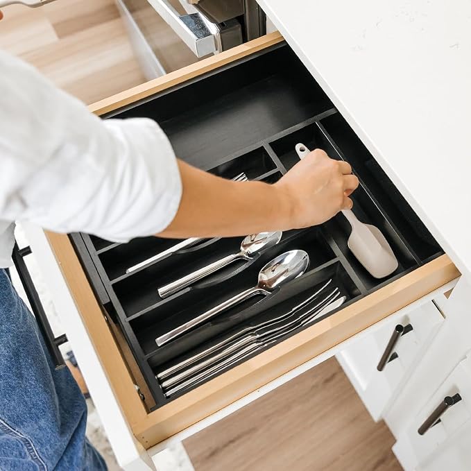 Silverware & Utensil Drawer Organizer, 10.5-19 in, Black Bamboo | Cutlery, flatware, food-safe contract grade, kitchen drawer fit - Image 7