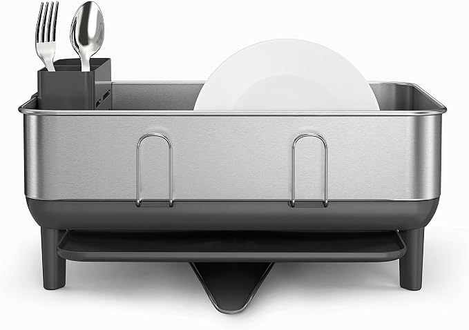 simplehuman Steel Frame Dishrack, Compact Dish Drying Rack for Small Kitchens, 360º Easy Drain Swivel Spout, Anti-Residue Coating, Moisture Control Surface, Brushed Stainless Steel - Image 2