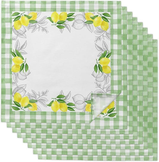 Summer Green Leaves Yellow Lemon Cloth Linen Dinner Napkins 8 Packs,Reusable Table Cocktail Napkins for Wedding,Shower,Party,Lunch,Event Dining Table Setting Decoration,Country Green White Lattice by Falaniique