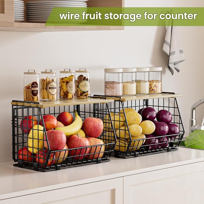 Hanging Fruit Basket for Kitchen, 3 Pack Vegetable Produce Basket | Wall Mounted & Countertop Wire Storage Basket for Potato Onion Fruits Vegetables, Pantry Organizers Storage - Image 2