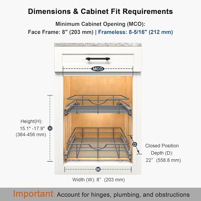 2 Tier Pull Out Cabinet Organizer - 8" W x 22" D Soft Close Slide Out Shelves with Shelf Liners - Pullout Drawers for Kitchen Cabinets, Pantry, Bathroom, Heavy Duty Steel Wire Baskets - Image 2