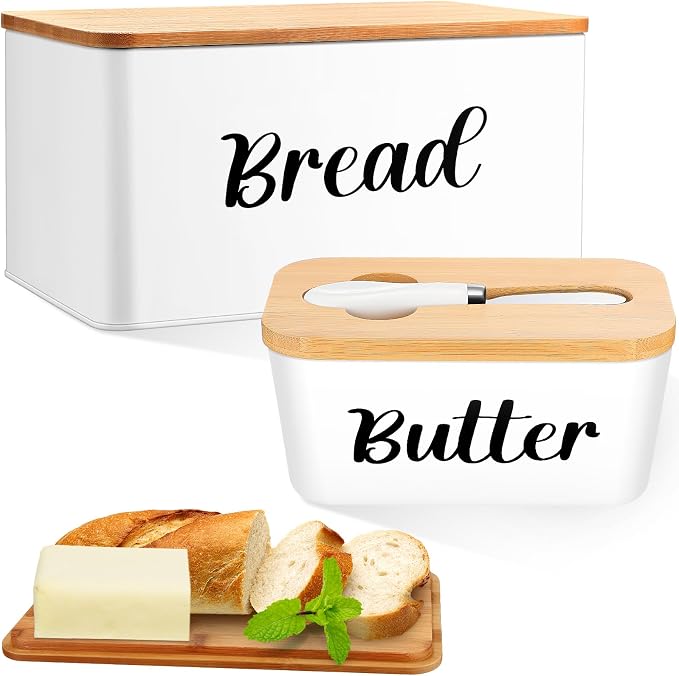 Hushee Metal Bread Box and Butter Dish with Bamboo Cutting Board Lid and Knife Bread Storage Container Breadbox for Kitchen Counter Butter Organizer for Kitchen Countertop Decoration(White) by Hushee
