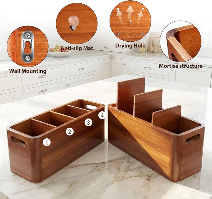 Kitchen Utensil Holder for Counter and Countertop, Acacia Utensil Organizer with 3 Pcs Wooden Spoon Set, Large Drying Holder for Kitchen, 4-Compartment Storage for Cooking Utensils, Kitchen Decor - Image 7