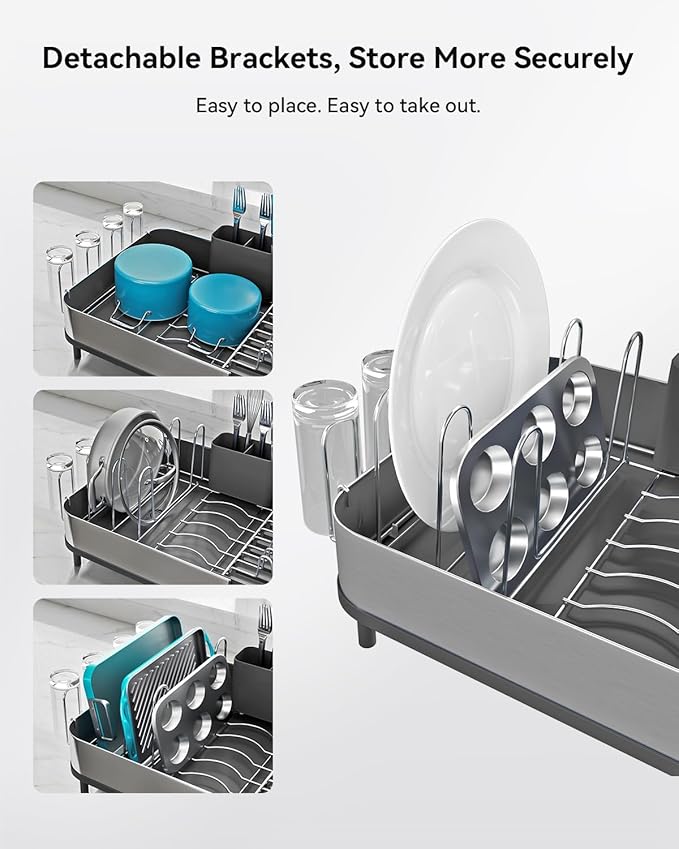 Expandable Dish Drying Rack, Versatile Brackets for Pots & Pans, Space Saving Kitchen Drying Rack, Dish Racks for Kitchen Counter, Stainless Steel Dish Drainers with Extendable Spout, Black - Image 3