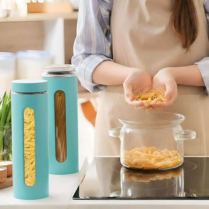 Patelai 6 Pack Kitchen Canisters Set Airtight Stainless Steel Canister Food Storage Container with Window Glass, Coffee Sugar Candy Jars Tea Organizer for Flour Cookies Spice(Turquoise,60 oz) - Image 6
