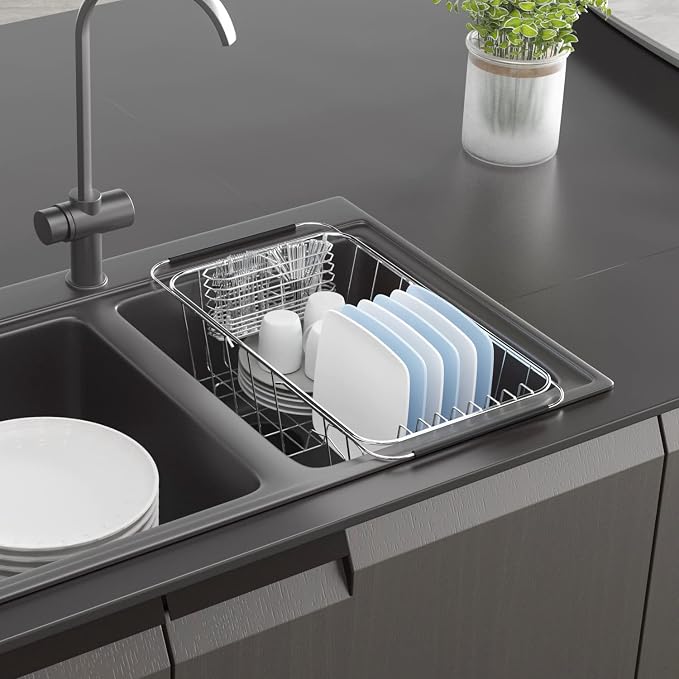 JAQ Over Sink Dish Drying Rack for Small Sink, Compact Expandable 14.25"–22.44", Adjustable 304 Stainless Steel Dish Drainer with Utensil Holder, Space Saving for Small Kitchen - Image 2