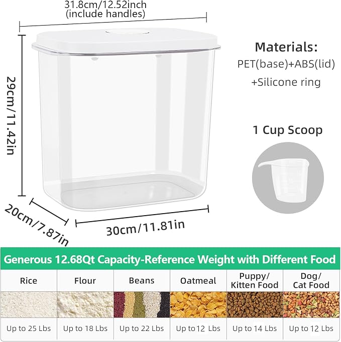 Airtight Rice Container 25 Lbs with Handle and Cup – 12.68Qt Large Flour Sugar Storage Container with Pop Up Seal & Hanging Lid Hooks, Clear Tall Food Storage Bin for Kitchen Pantry Organization - Image 3