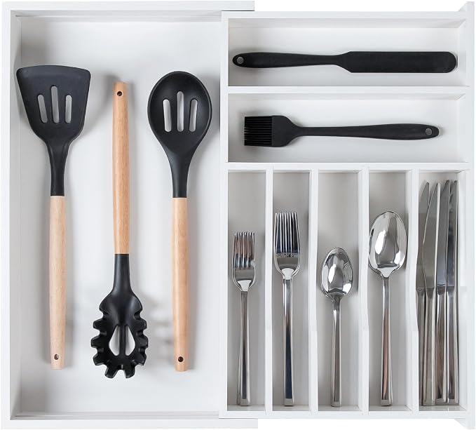 Silverware & Utensil Drawer Organizer, 10.5-19 in, White Bamboo | Cutlery, flatware, food-safe contract grade, kitchen drawer fit by KitchenEdge