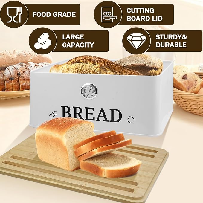 White Bread Box for Kitchen Countertop with Bamboo lid, Hygrometer Kitchen Organizer for Sourdough, Buns, and Loaves, Bread Storage Container with Cutting Board Lid - Image 4