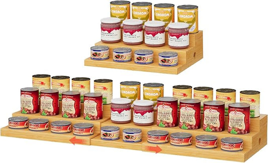 3-Tier Extra-Long Expandable Bamboo Can Rack for Pantry, Holds 45 Cans | Adjustable Pantry Can Organizer, Large Capacity Holds up to 45 Cans, Pantry Shelf & Countertop Storage (Patent Pending) by NuoyuanShen