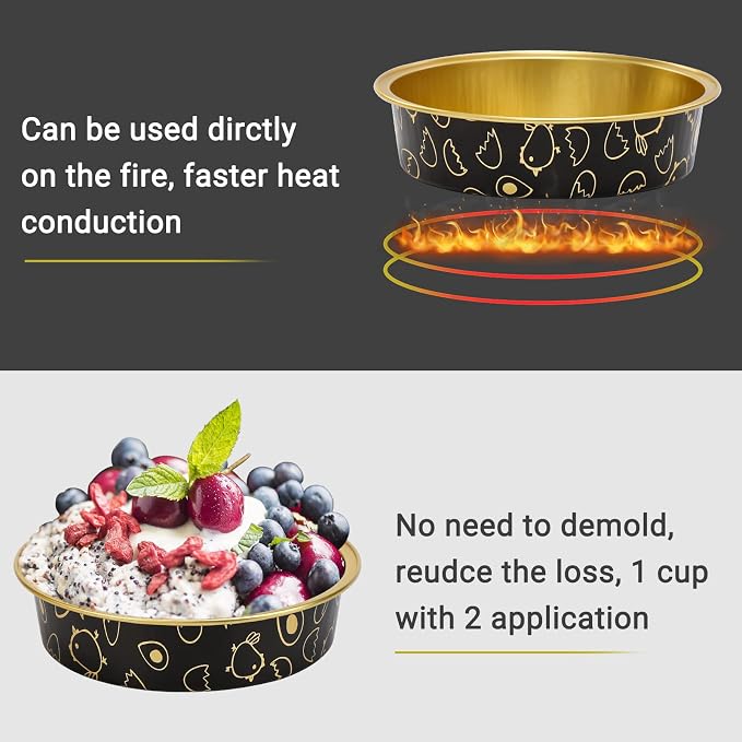 Beasea Mini Tart Pan 100 Pack with Lids, 4 Inch 8oz Gold Black Disposable Aluminum Baking Foil Tins Small Round Tart Containers for Individual Dessert Muffin Cheesecake Ramekins Quiche Oven Dishes - Image 3
