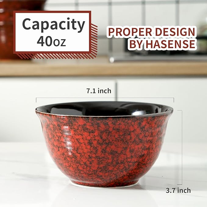 HASENSE Ceramic Soup Bowls, 40 Oz Serving Bowls Set of 4, Cereal Bowls, Salad Bowls for Pasta Soup Popcorn, Dishwasher & Microwave Safe, Christmas Thanksgiving Gifts, Red - Image 3