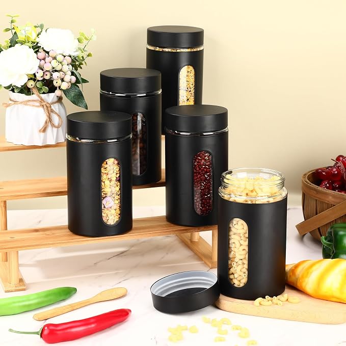 Patelai 6 Pack Kitchen Canisters Set Airtight Stainless Steel Canister Food Storage Container with Window Glass, Coffee Sugar Candy Jars Tea Organizer for Flour Cookies Spice (Black,32 oz) - Image 4