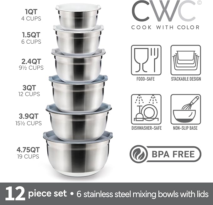 COOK WITH COLOR Stainless Steel Mixing Bowls Set with Lids - Nesting Bowls with Non-Slip Bottom, Grey, 12 Pieces - Image 2