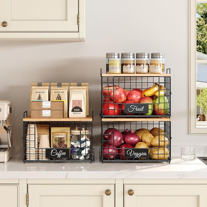 2 PACK XXL Potato and Onion Storage Bins, Pantry Organizers and Storage | Stackable Wire Baskets with Wooden Tops & Tags, Kitchen Counter Organizers Bins for Potato, Onion, Fruit, Vegetable, Garlic - Image 2