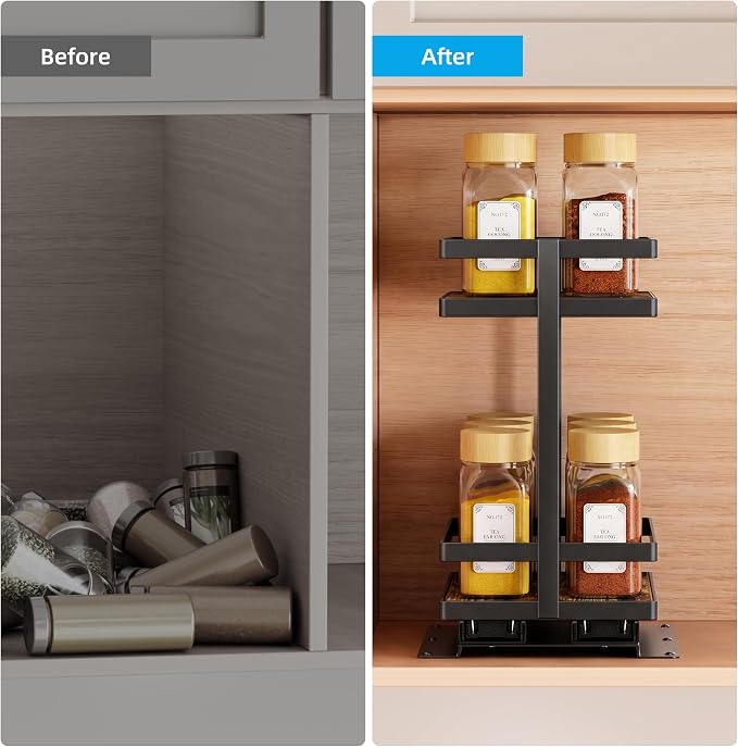 Pull Out Spice Rack 2Pcs Metal & Wood Seasoning Organizer Black | No-Drill Install | Full-Extension Silent Glide | Each Tier Holds 10–12 Standard Spice Bottles | Rustproof, Wipe-Clean Surface - Image 9