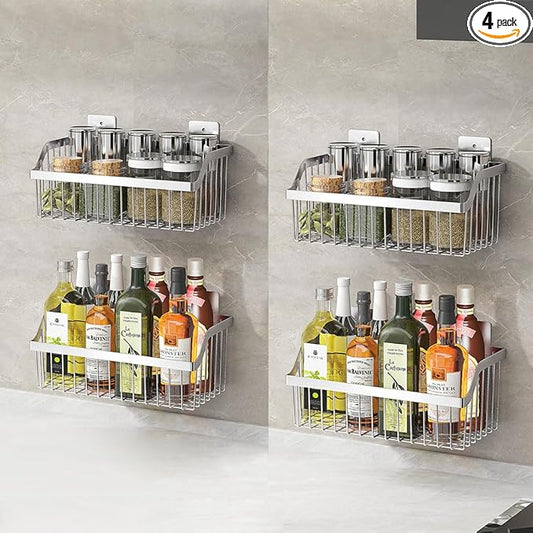 Hanging Kitchen Baskets, Storage Spice Shelf, Wall Mount Storage Baskets, SUS304 Stainless Steel Basket for Kitchen, Bathroom, Storage, 4 Pack, L 11.8Inch, D 6.3Inch, H 4.75Inch by kaileyouxiangongsi