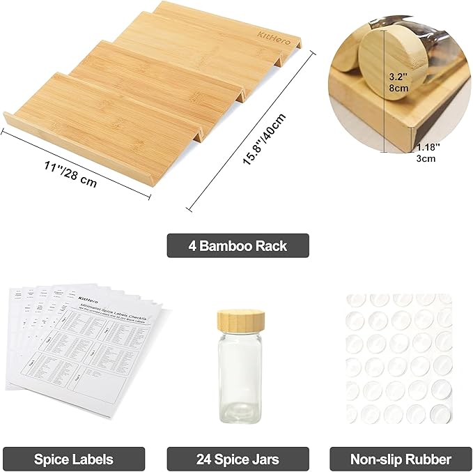 Spice Drawer Organizer with 24 Bamboo-lidded Spice Jars,216 Labels,25 Non-slip Rubber, Bamboo 4 Tier Seasoning Rack Tray Insert for Kitchen Drawers,Cabinets,Countertop,11" Wide x 15.8" Deep - Image 3