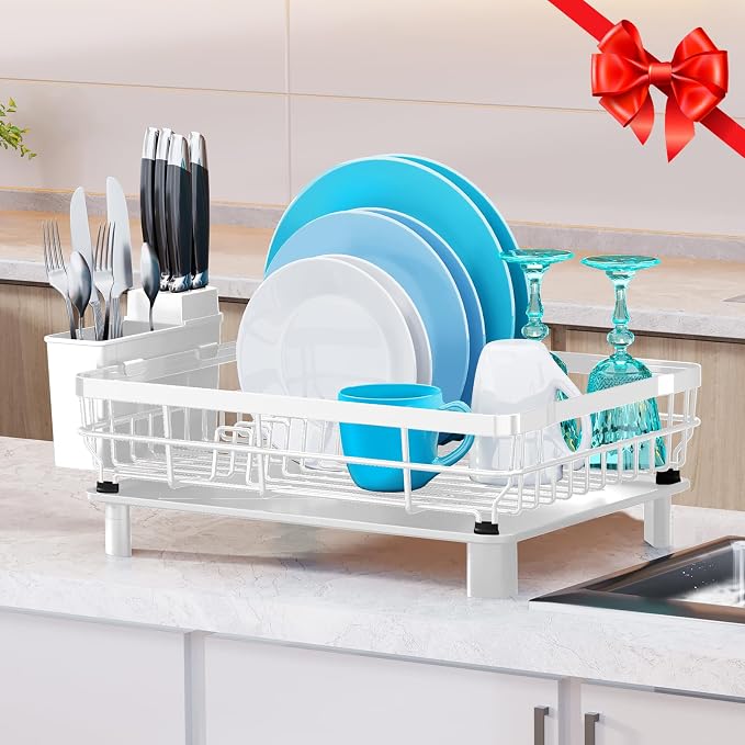 MOUKABAL Dish Drying Rack with Drainboard for Kitchen Counter, White | 13×17 Large Capacity/Rustproof Stainless Steel/Fast Drainage Dish Drainer/Removable Utensil Holder/Kitchen Counter Organizer - Image 6