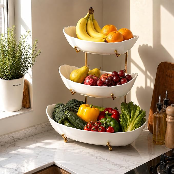 HBlife Large Fruit Bowl for Kitchen Counter - 3 Tier Fruit Basket with Gold Metal Stand, Ceramic Fruit Holder, Tiered Serving Trays for Party - Image 2