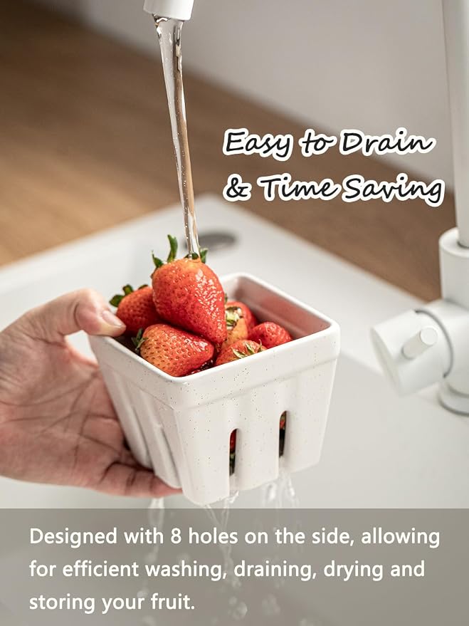 Gomakren Berry Bowl Set of 2, Ceramic Berry Basket, Square Fruit Bowls with Holes, Rustic Fruit Basket Containers for Kitchen Fridge, Berries, Strawberry, Grape, Cherry, Cream White - Image 4