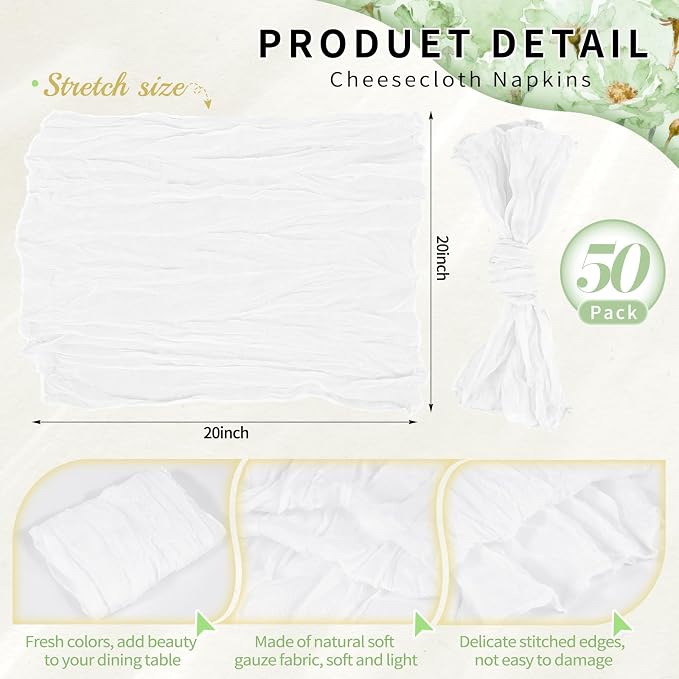50 Pack White Cheesecloth Napkins 20"x20" Boho Washable Cloth Napkins Set of 50 Wrinkled Cheese Cloth Napkins Gauze Dinner Table Napkin for Wedding Party Baby Shower Birthday Decor - Image 2