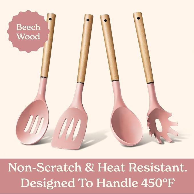 Country Kitchen Non Stick Silicone Utensil Set with Rounded Wood Handles for Cooking and Baking, 8 Piece Set, Pink - Image 5