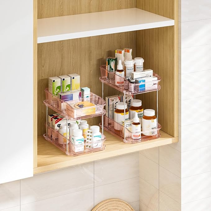 Delamu 2-Tier Under Sink Organizers and Storage, Multi-Purpose Stackable Bathroom Cabinet organizers, Pull Out Kitchen Pantry Organization and Storage with Dividers(2 Pack, Pink) - Image 8