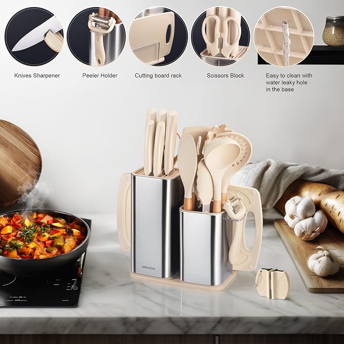 Cooking Utensils Set,18-Piece Kitchen Utensils and Knife Set,Khiki | Food-grade Silicone Utensils Heat-resistant to 410°F,5-Piece Stainless Steel Kitchen Knife with Sharpener and Cutting Board - Image 7