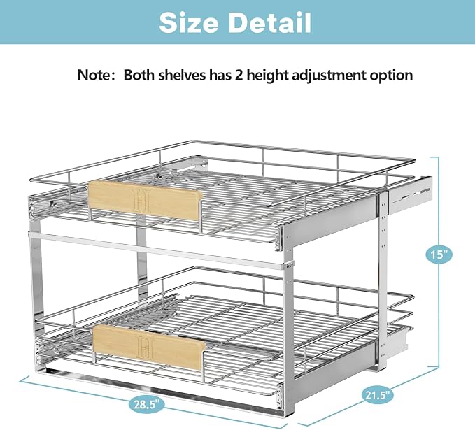 LOVMOR 2 Tier Pull Out Cabinet Organizer 28½" W x 21½" D, Slide Out Drawers with Wooden Handle, Sliding Shelves Organization and Storage for Kitchen, Pantry - Image 3