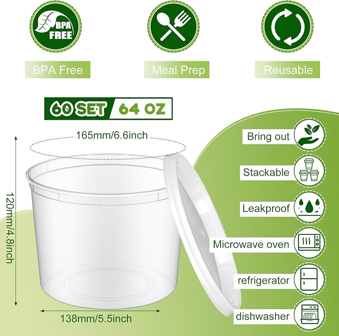 Skylety 60 Sets Plastic Deli Containers with Lids Food Storage Containers Soup Cups, Leakproof, Microwavable, Reusable for Restaurant, Cafe, Freezer and Catering (64 oz) - Image 2