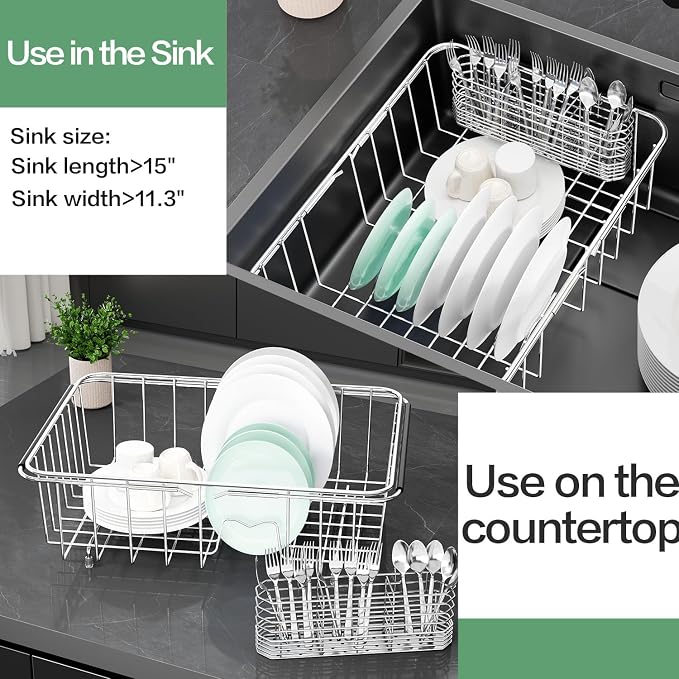 Large Sink Dish Drying Rack, Expandable 304 Stainless Steel Metal Dish Drainer Rack Organizer Shelves with Stainless Steel Utensil Holder Over Inside Sink, Rustproof - Image 5