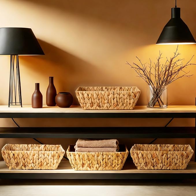 Novabright 4 Pcs Water Hyacinth Storage Baskets 14"L x 10''W x 4.7''H Large Wicker Woven Basket with Handles Pantry Gift Baskets Natural Storage Bins for Organizing Countertop - Image 6