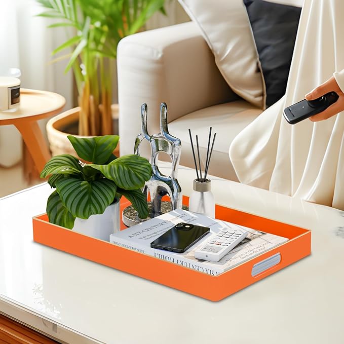 Orange Decorative Tray for Coffee Table, Serving Tray with Handles | Plastic Melamine Tray, Modern Ottoman Tray, Rectangular Countertop Organizer Tray for Living Room, 15.8"L x 10.2"W x 1.4"H - Image 5