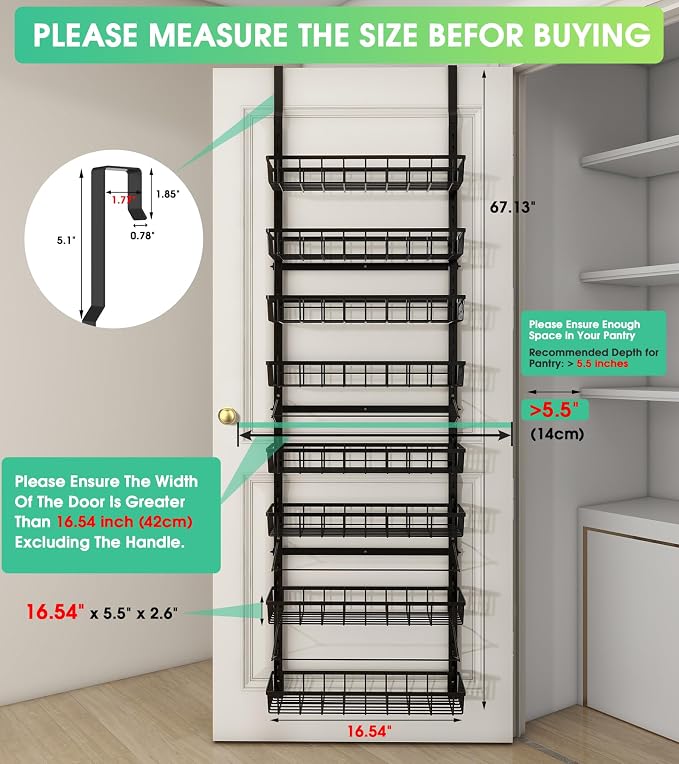 Mefirt Over The Door Pantry Organizer, Wall Mount Spice Rack 8-Tier Black | Pantry Hanging Storage and Organization, Adjustable Baskets Heavy-Duty Metal for Home & Kitchen, Back of Door Seasoning Rack - Image 2