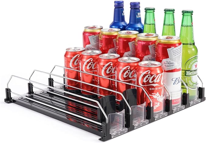 Drink Dispenser for Refrigerator, Self-Pushing Soda Can Organizer for Fridge, 5 Rows already Assembled, Automatic Can Dispenser with Spring Loaded for Refrigerator Holds 25 cans, Black by BingoHive
