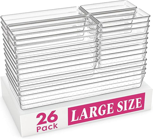 Large Drawer Organizer Bins 26 Pack | Complete 5 Size Clear Plastic Kitchen Drawer Organizers for Utensils | Bathroom Drawer Organizer Trays | Versatile for Makeup Office Organization by Criusia
