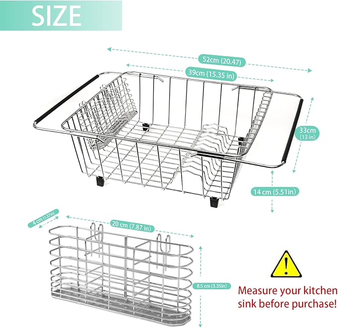 Sink Dish Drainer Rack, Expandable 304 Stainless Steel Drying Rack | Large Capacity Sink Dish Rack with Utensil Holder, Adjustable 15.35"-20.47", Fits Inside Sink, Holds Up to 13 Utensils - Image 3