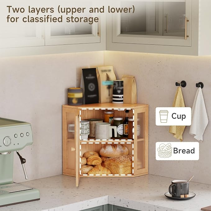 Corner Bread Box for Kitchen Countertop,Bread Storage Bin (Natural, Mediun) | Double Layer Large Capacity Bamboo Bread Container with Acrylic Door,Height Adjustable - Image 4