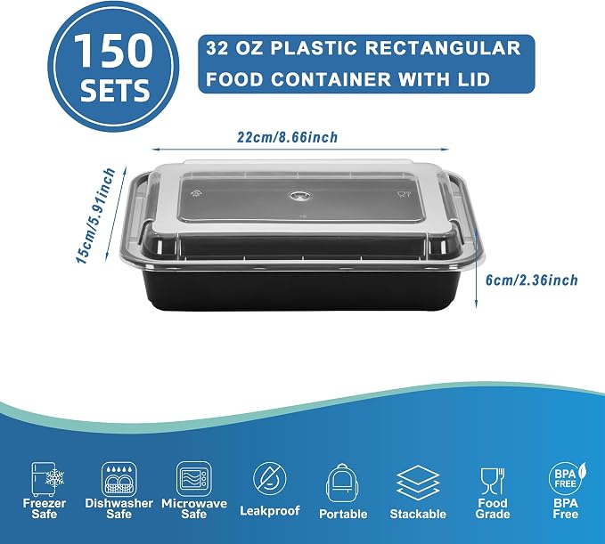 32oz Food Storage Containers with Lids,150 Sets Disposable Meal Prep Boxes | Single Serving Meal Prep Boxes,Leak-Proof, Microwave Freezer Safe,Black To-Go Containers For Lunch Portion Control & Catering - Image 2