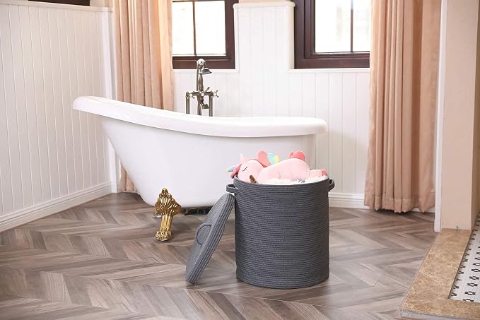 16x18 Inch Extra Large Round Cotton Rope Storage Basket with Lid, Decorative Woven Bin with Cover for Living Room Bedroom Closet, Dark Grey - Image 3