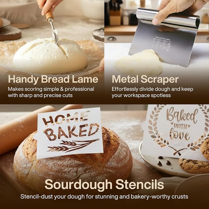 Sourdough Starter Kit | 9" Round & 10" Oval Banneton Bread Proofing Baskets | Sourdough Bread Baking Supplies with Dough Whisk, Scrapers Bread Lame, Cleaning Brush, Detailed Guide & Recipes - Image 4