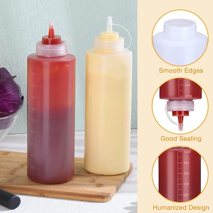 Hoolerry 16 Pieces 32 oz Squeeze Bottle Plastic Condiment Squeeze Bottles with Twist on Cap Lids and and Discrete Measurement Salad Dressing Squirt Bottles for Cooking Ketchup Dispenser for Sauces - Image 4