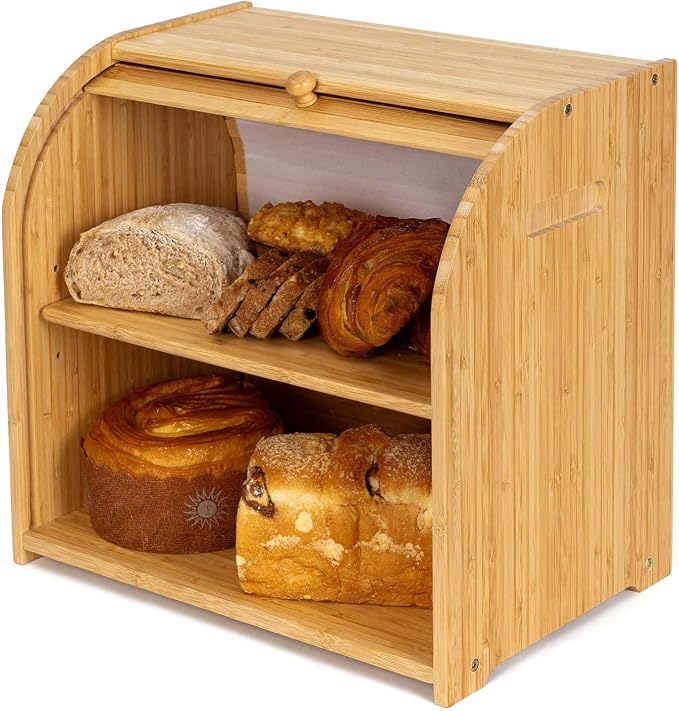 Bamboo Bread Box Roll Top for Kitchen Countertop Breadbox Storage | Roll Top Bread Box with Sliding Lid,Large Double Layer with Adjustable Middle Shelf by FoverOne