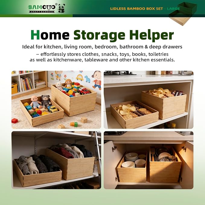 BAMOTTO CRAFTBAMBOO 2-Piece Bamboo Storage Box Set Stackable Organizer | Open-Top Design | Deep Bin Drawer Organizer + Shallow Tray | Kitchen Pantry | 14.6"x10.2"x7.1" + 14.6"x10.2"x3.1" - Image 4