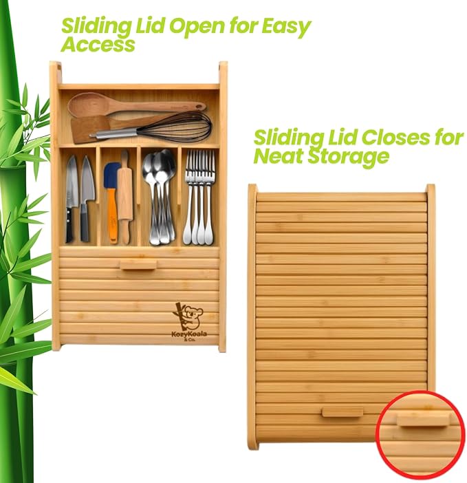 KozyKoala & Co. Bamboo Drawer Organizer with Sliding Lid - 5 Slot Kitchen Drawer Organizer & Utensil Holder - Wood Bamboo Cutlery Tray for Flatware & Multipurpose Storage for Home & Office - Image 5